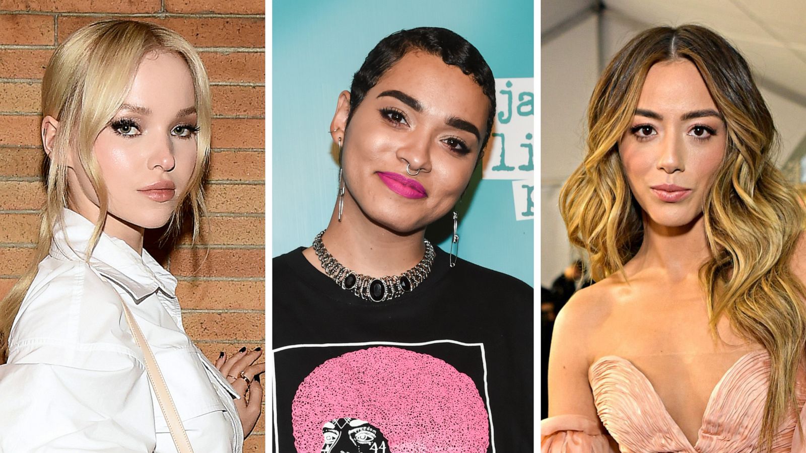 PHOTO: Dove Cameron is pictured in New York in 2020, Yana Perrault attends an event for the Broadway show "Jagged Little Pill" in New York in 2019, and Chloe Bennett attends the Critics' Choice Awards in California in 2020.