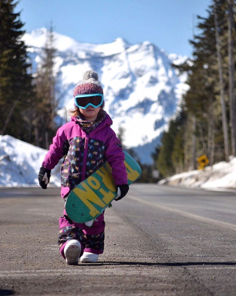 PHOTO: Aubrin Sage, 4, loves to snowboard and has learned a lot of lessons along the way.