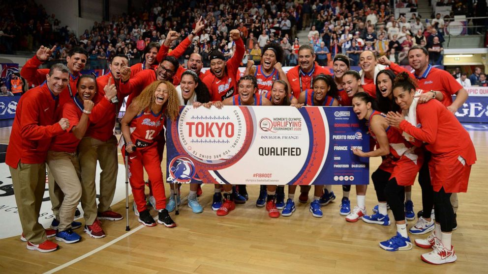 PHOTO: Puerto Rico's team reacts at the end of the FIBA Women's Olympic Qualifying basketball match between France and Puerto Rico, at the Prado stadium in Bourges, France, Feb. 9, 2020.