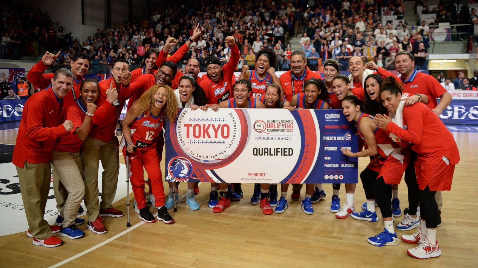 PHOTO: Puerto Rico's team reacts at the end of the FIBA Women's Olympic Qualifying basketball match between France and Puerto Rico, at the Prado stadium in Bourges, France, Feb. 9, 2020.