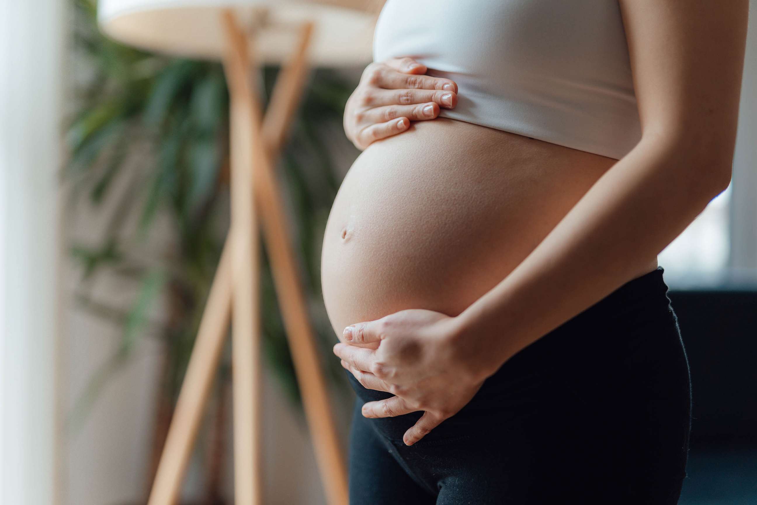 PHOTO: Side view close-up of pregnant woman in this undated stock photo.
