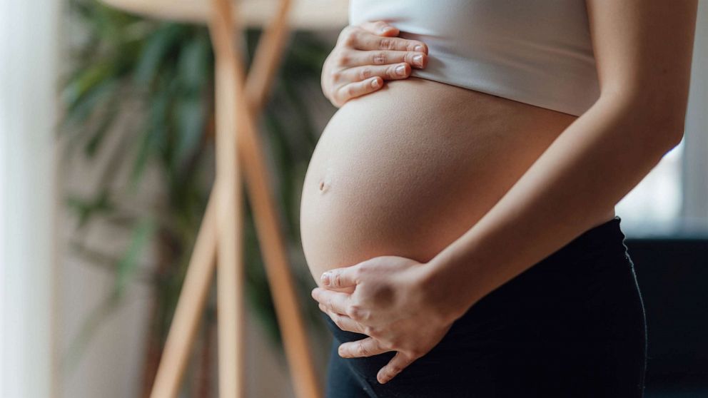 PHOTO: Side view close-up of pregnant woman in this undated stock photo.