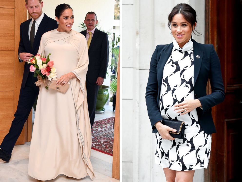 PHOTO: Meghan, Duchess of Sussex, is photographed in Morocco on Feb. 24, 2019, and at an event in London on March 8, 2019.