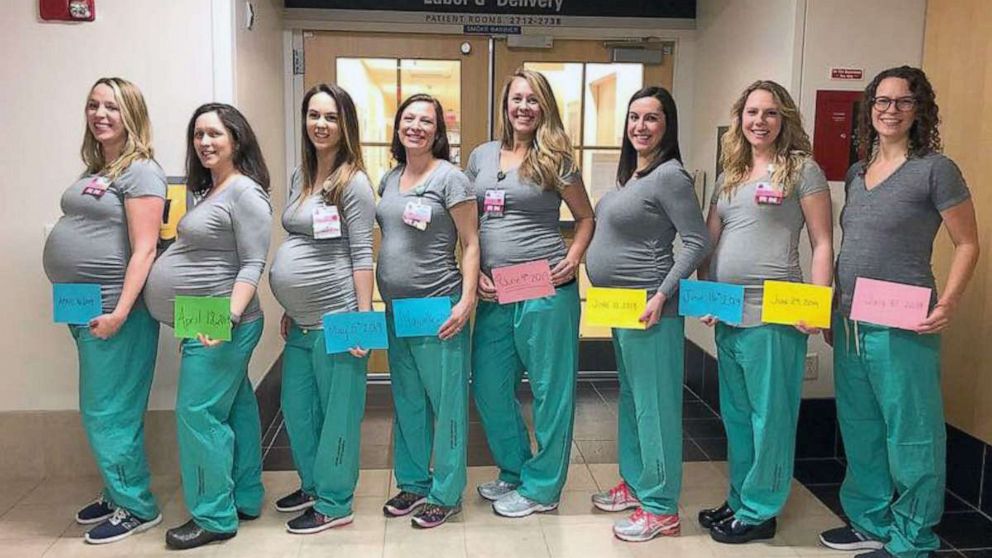 PHOTO: These 8 nurses from Labor and Delivery at Maine Medical Center are all pregnant and due between April and July 2019.