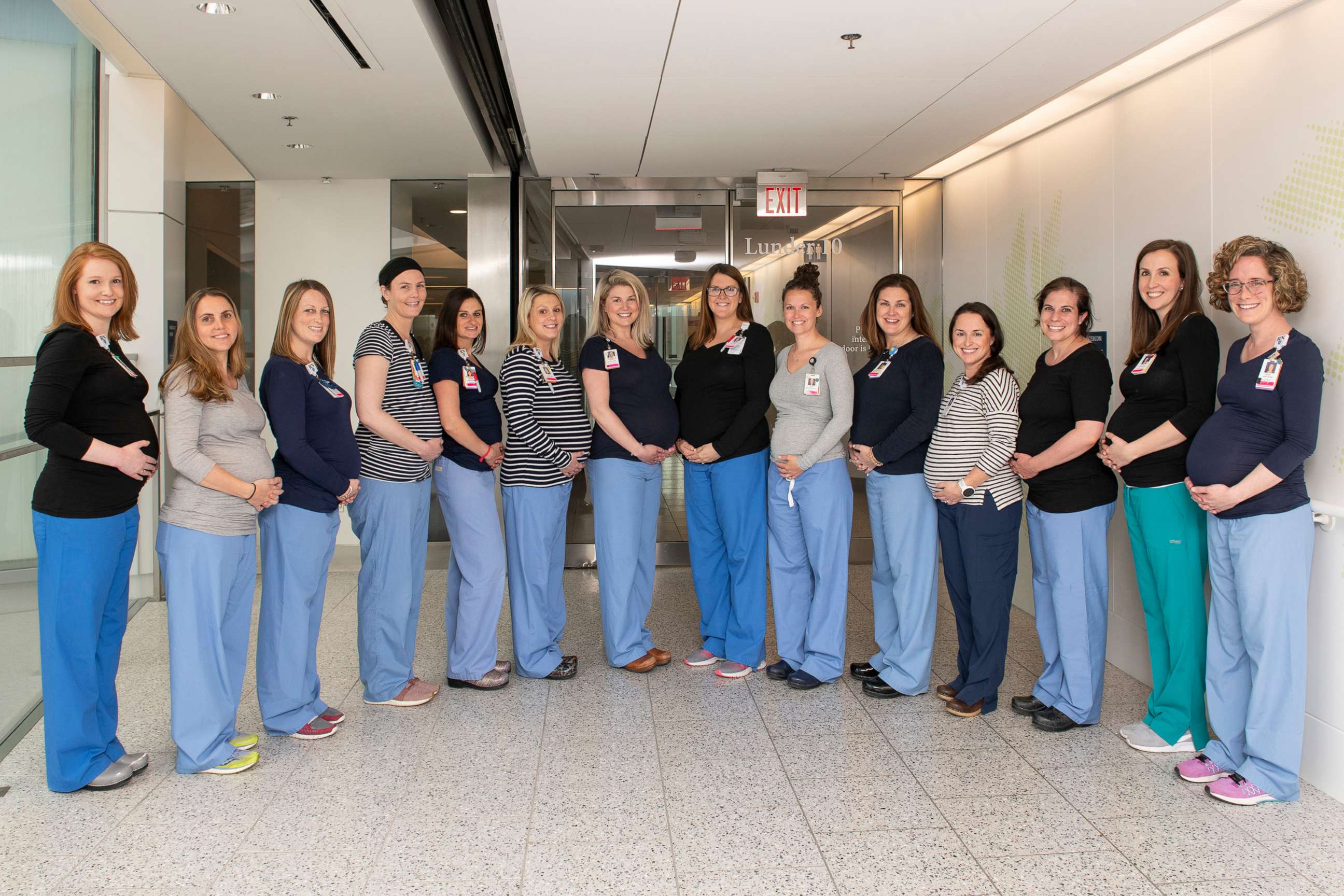 PHOTO: Fourteen pregnant nurses from the oncology unit of Massachusetts General Hospital in Boston are pictured in an undated handout photo.