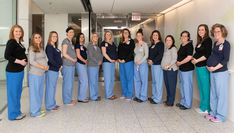 PHOTO: Fourteen pregnant nurses from the oncology unit of Massachusetts General Hospital in Boston are pictured in an undated handout photo.