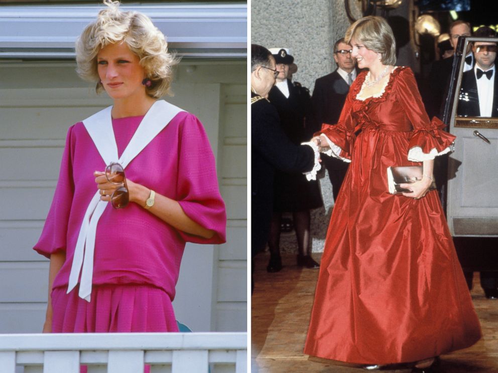 PHOTO: Diana, The Princess of Wales, is pictured in Windsor on July 29, 1984 and at an event in London, wearing a red David Sassoon maternity gown on March 30, 1982.