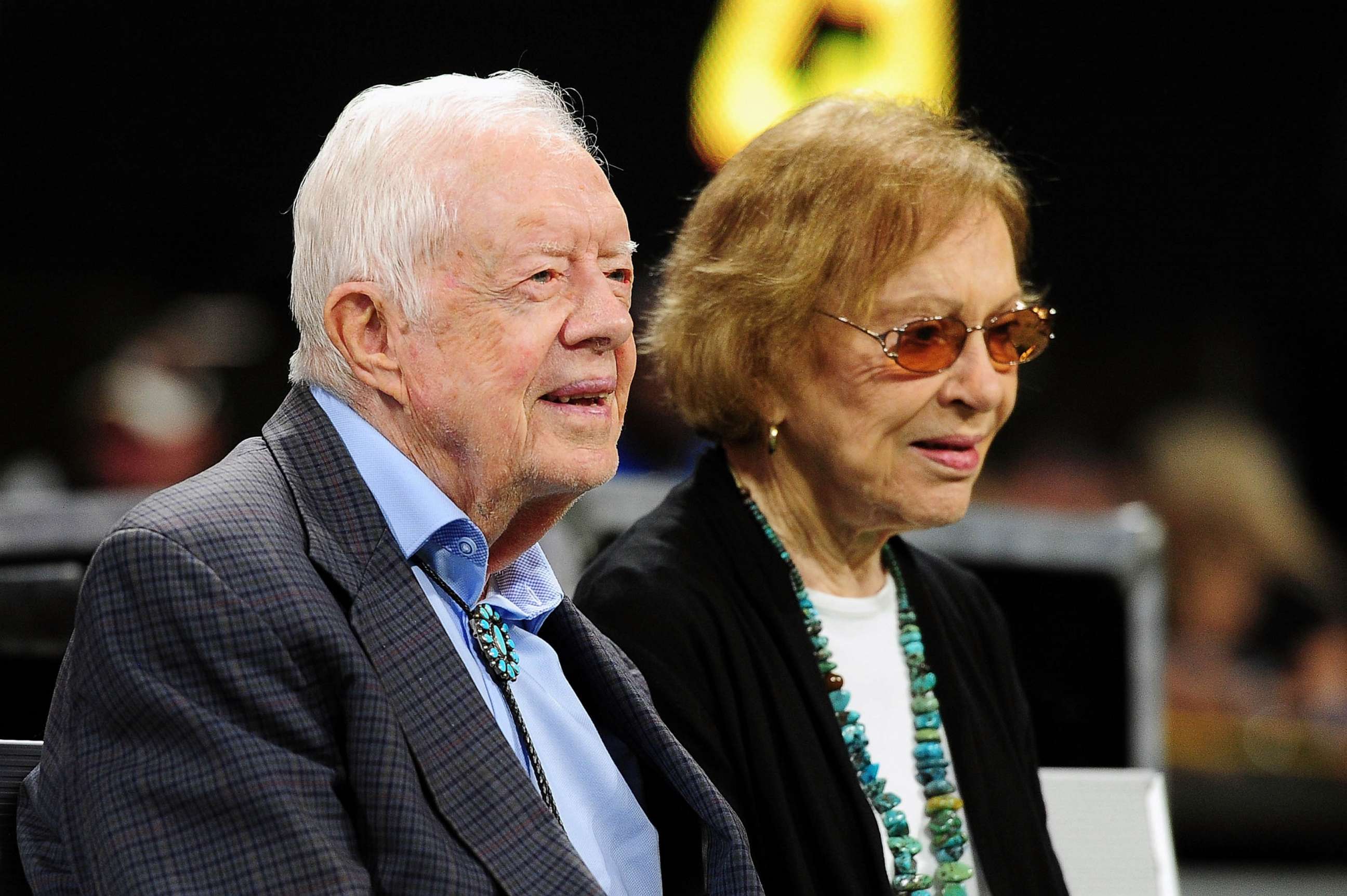 PHOTO: FILE - Former president Jimmy Carter and his wife Rosalynn prior to a game at Mercedes-Benz Stadium, Sept. 30, 2018 in Atlanta.