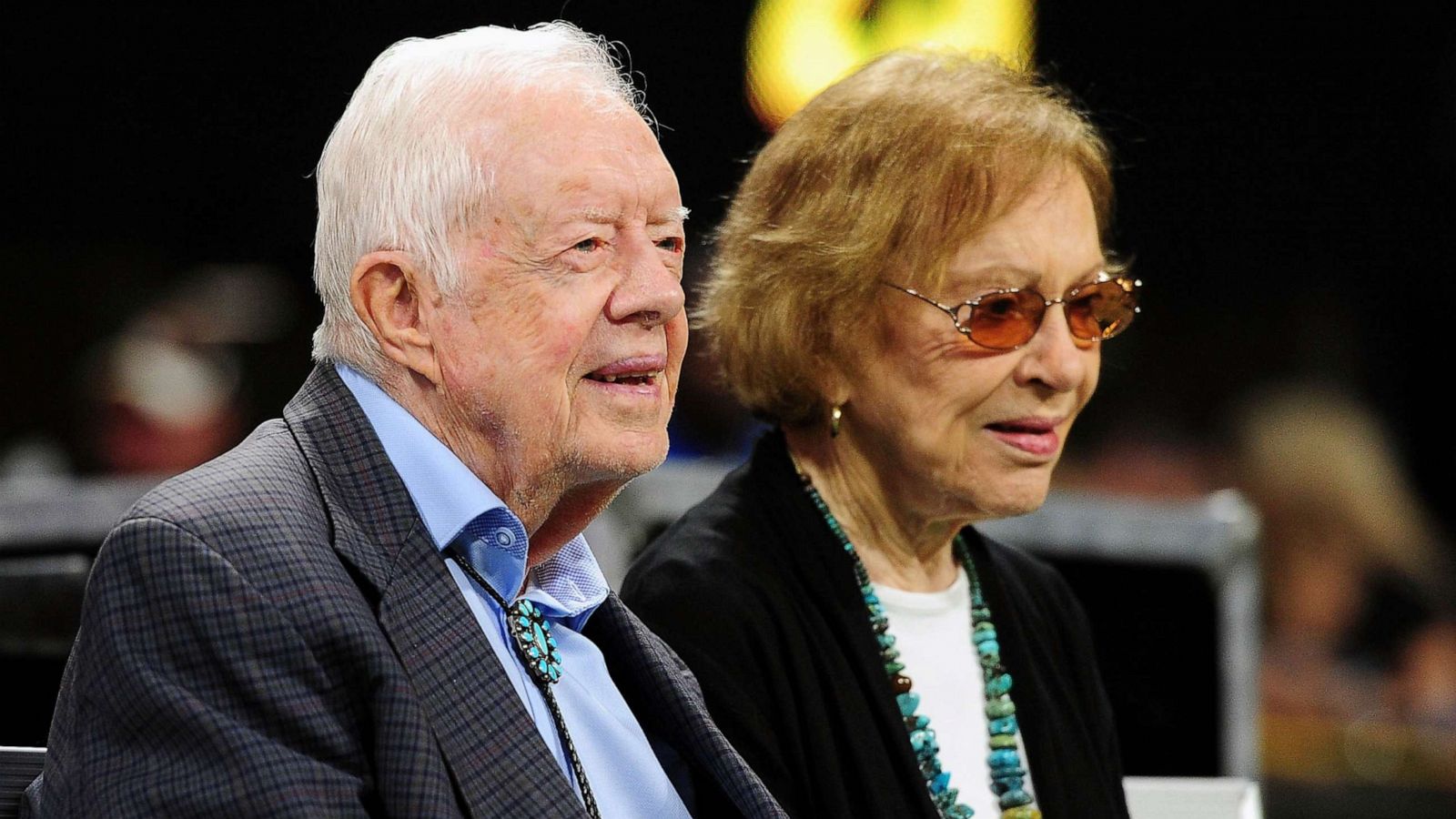 PHOTO: FILE - Former president Jimmy Carter and his wife Rosalynn prior to a game at Mercedes-Benz Stadium, Sept. 30, 2018 in Atlanta.