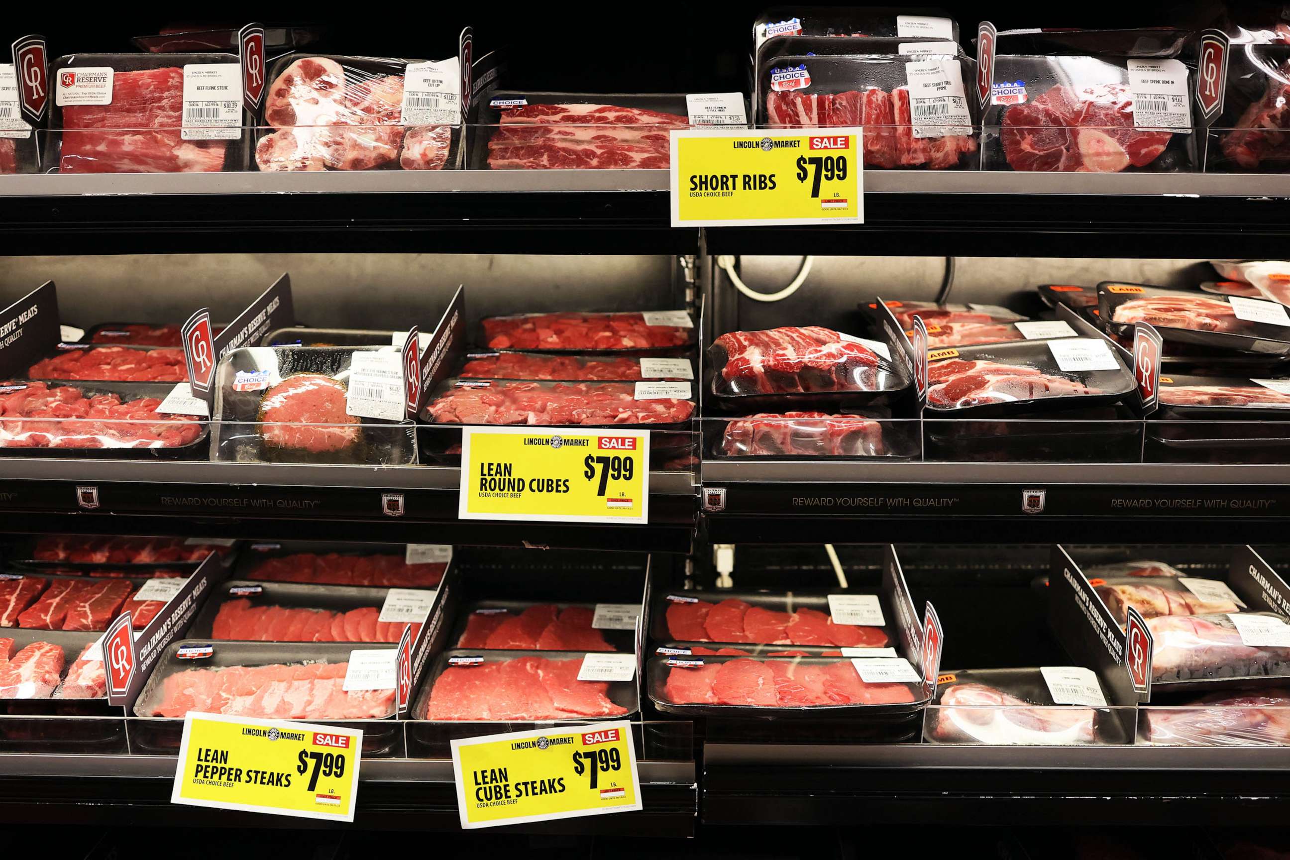 PHOTO: Various meats are seen at Lincoln Market, June 12, 2023 in the Prospect Lefferts Gardens neighborhood in the Brooklyn borough of New York City.