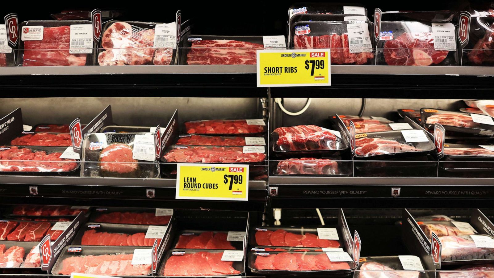 PHOTO: Various meats are seen at Lincoln Market, June 12, 2023 in the Prospect Lefferts Gardens neighborhood in the Brooklyn borough of New York City.