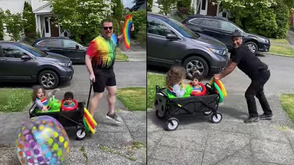 PHOTO: Ricky Shankar and Nic Marcheso, and their children, London and Roman, celebrated Pride with a mini-parade in their Seattle neighborhood.