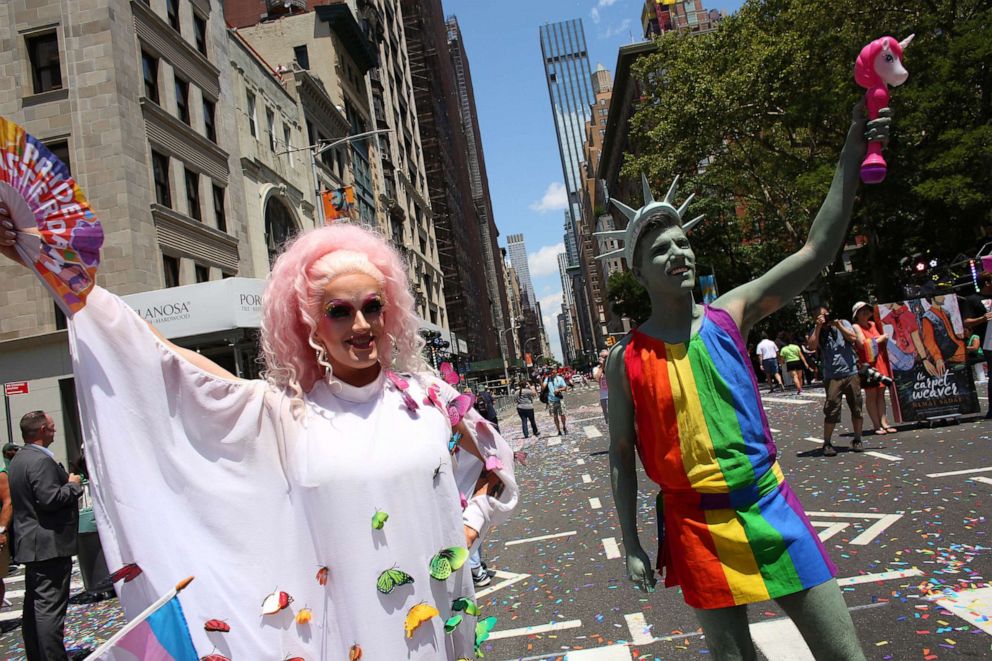 PHOTO: Visitors from Amsterdam march in the NYC Pride March, June 30, 2019, in New York.