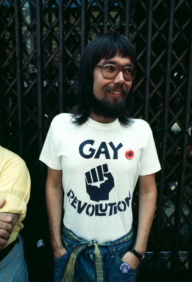 PHOTO: A man wearing a 'Gay Revolution' t-shirt at an LGBT parade in New York City on Christopher Street, 1971. 