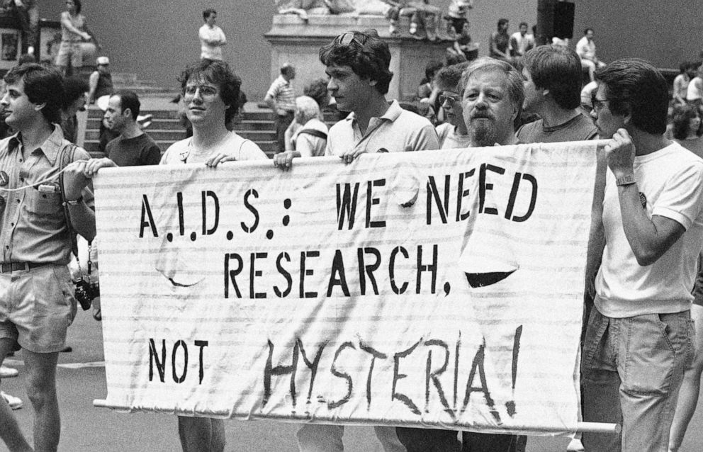 PHOTO: A group advocating AIDS research marches down Fifth Avenue during the 14th annual Lesbian and Gay Pride parade in New York, June 27, 1983.