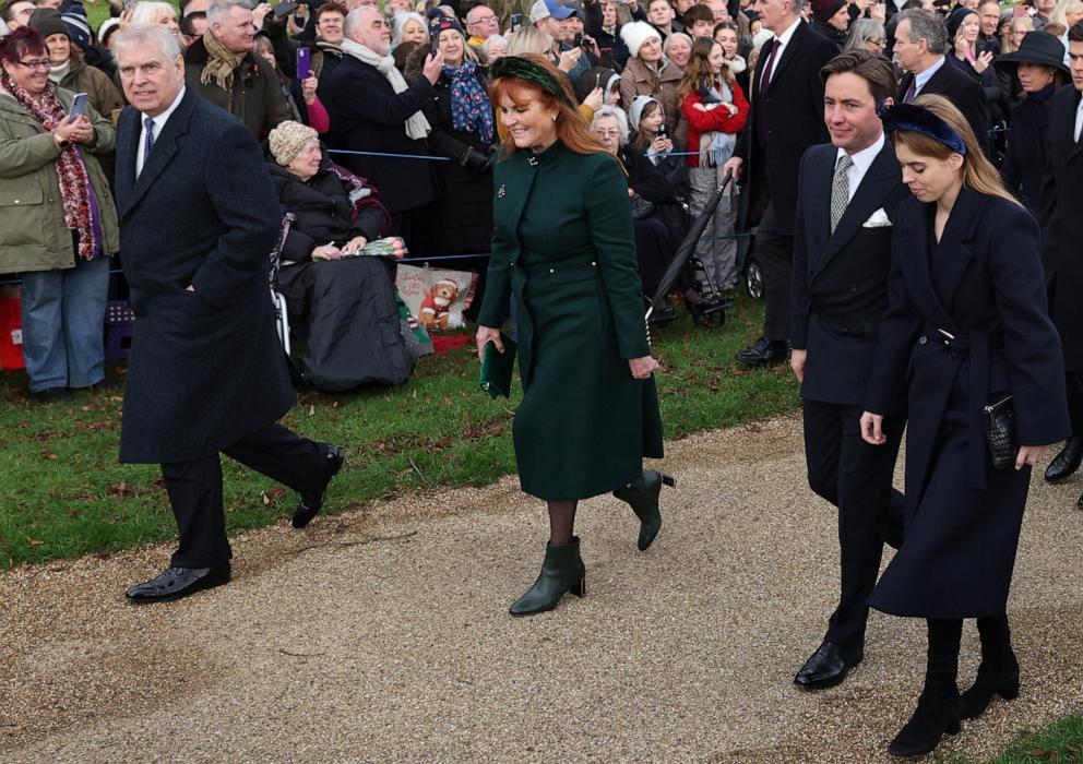 PHOTO: (L-R) Prince Andrew, Duke of York, Sarah, Duchess of York, Edoardo Mapelli Mozzi and Princess Beatrice of York arrive for the Royal Family's traditional Christmas Day service at St Mary Magdalene Church, Dec. 25, 2023, in eastern England.