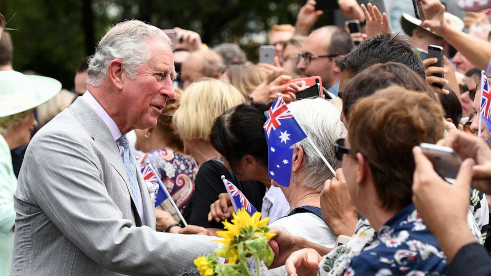 PHOTO: In this April 4, 2018, file photo, Prince Charles is greeted by members of the public during a visit to Brisbane, Australia.