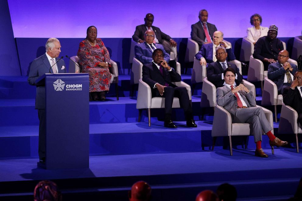 PHOTO: In this June 24, 2022, file photo, Prince Charles, Prince of Wales, speaks during the opening ceremony of the Commonwealth Heads of Government Meeting at Kigali Convention Centre, in Kigali, Rwanda.