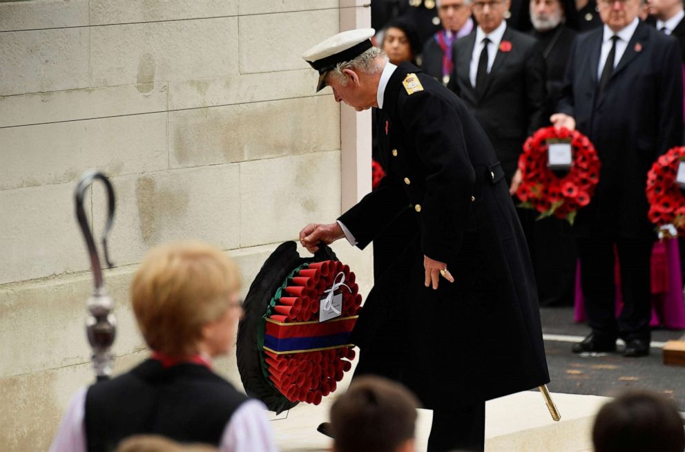 PHOTO: Prince Charles, Prince of Wales lays a wreath on behalf of Queen Elizabeth as he attends the annual National Service of Remembrance at the Cenotaph in Whitehall, Nov. 14, 2021, in London.