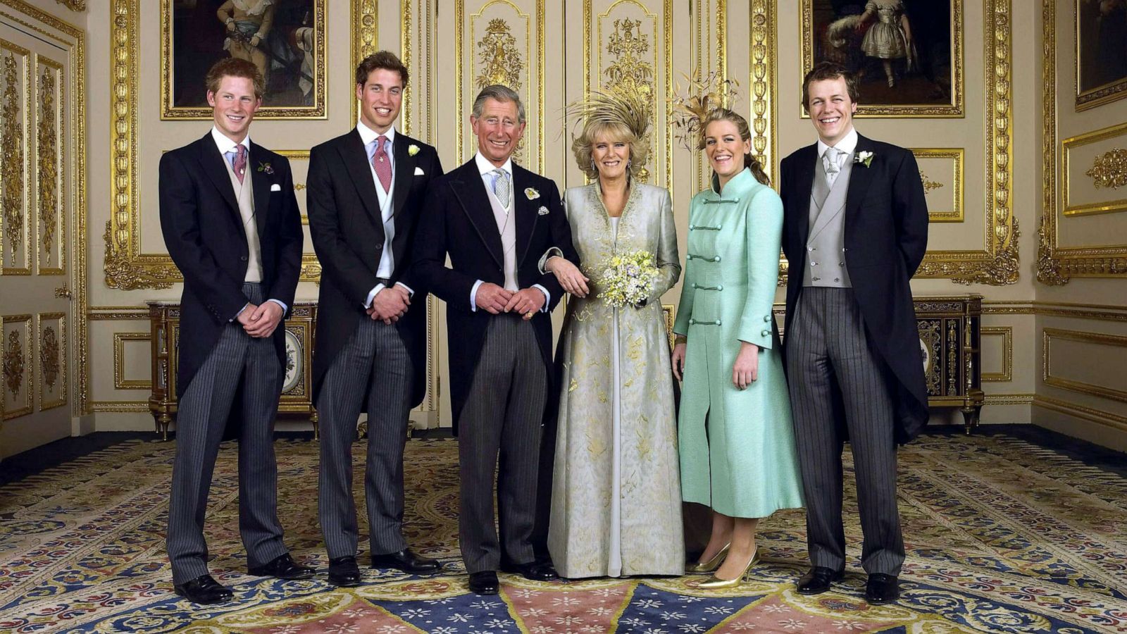 PHOTO: The Prince of Wales and his new bride Camilla, Duchess of Cornwall, with their children (L-R) Prince Harry, Prince William, Laura Parker Bowles and Tom Parker Bowles at Windsor Castle, April 9, 2005, after their wedding ceremony.