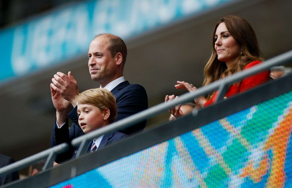 PHOTO: Prince William, Duke of Cambridge, Prince George of Cambridge, and Catherine, Duchess of Cambridge, celebrate in that stands at the UEFA EURO 2020 round of 16 soccer match between England and Germany at Wembley Stadium in London on June 29, 2021.