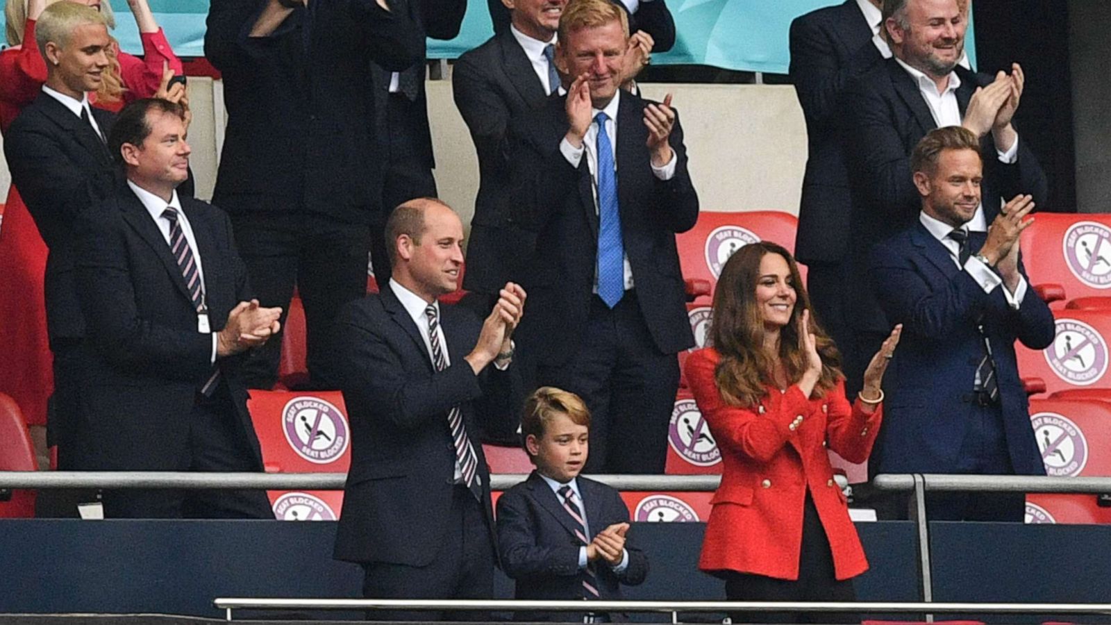 PHOTO: Prince William, Duke of Cambridge, Prince George of Cambridge, and Catherine, Duchess of Cambridge, celebrate the win in the UEFA EURO 2020 round of 16 soccer match between England and Germany at Wembley Stadium in London on June 29, 2021.