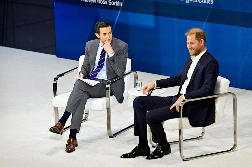 PHOTO: Andrew Ross Sorkin and Prince Harry, Duke of Sussex, speak onstage during The New York Times Dealbook Summit 2024 at Jazz at Lincoln Center on Dec. 4, 2024, in New York.