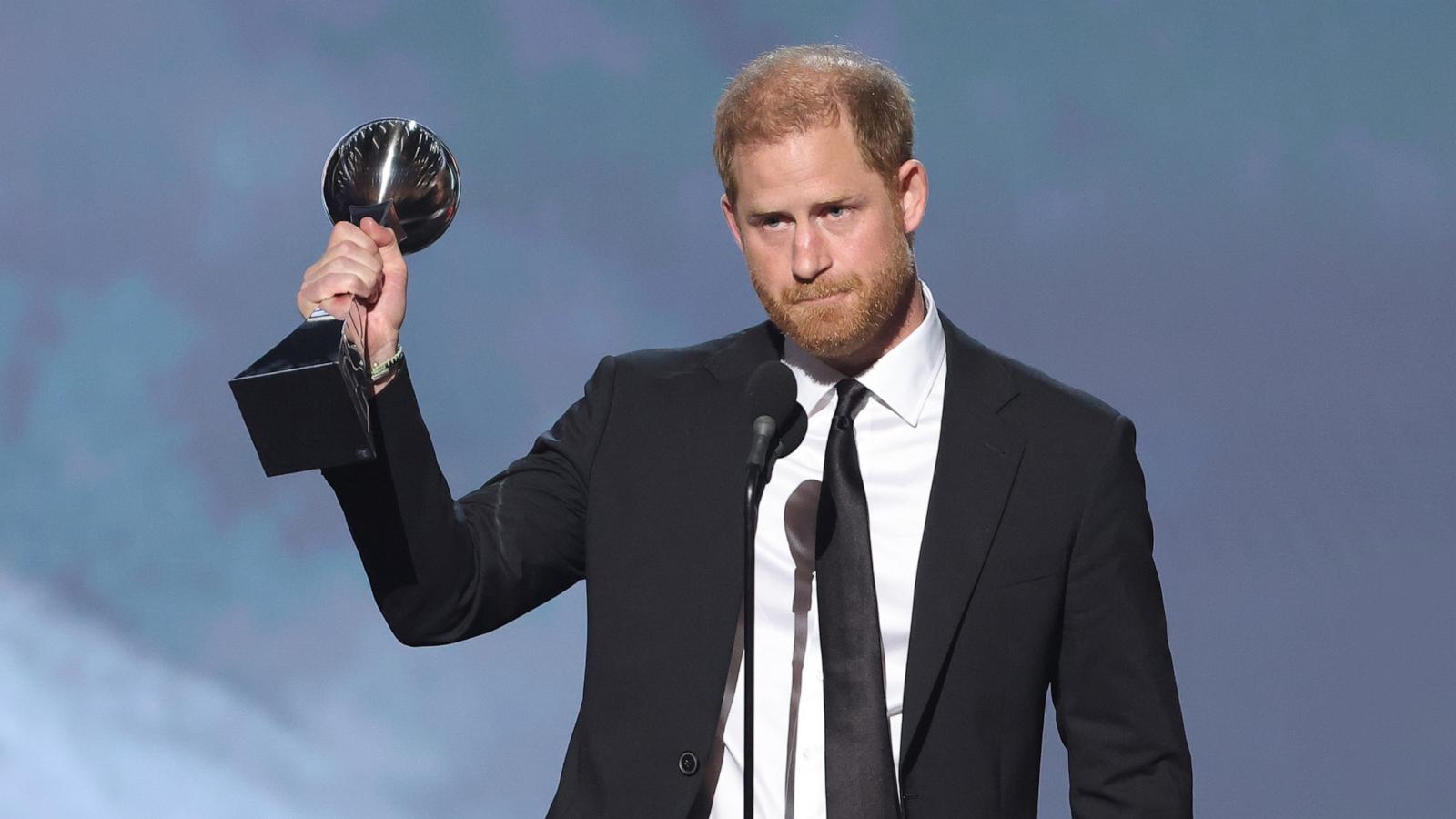 PHOTO: Prince Harry, Duke of Sussex accepts the Pat Tillman Award onstage during the 2024 ESPY Awards, July 11, 2024, in Hollywood, Calif.