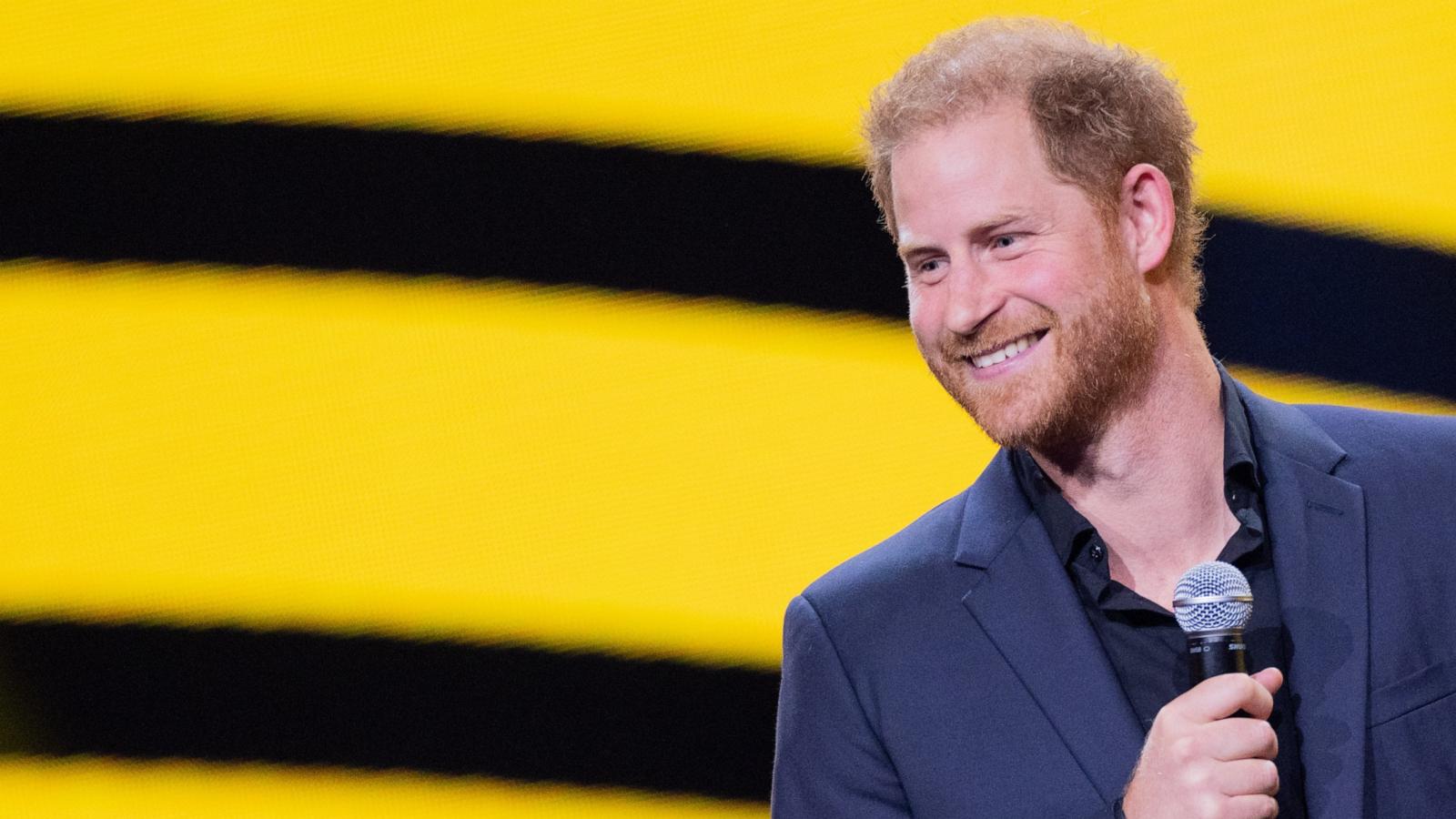 PHOTO: Prince Harry, Duke of Sussex, speaks during the closing ceremony of the 6th Invictus Games at the Merkur Spiel Arena, Sept. 16, 2023 in Dusseldorf Germany.