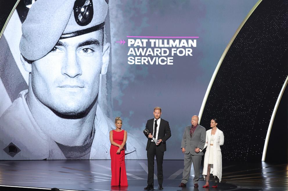 PHOTO: Prince Harry, Duke of Sussex accepts the Pat Tillman Award next to Kirstie Ennis, Israel Del Toro and Elizabeth Marks during the 2024 ESPY Awards, July 11, 2024, in Hollywood, Calif.