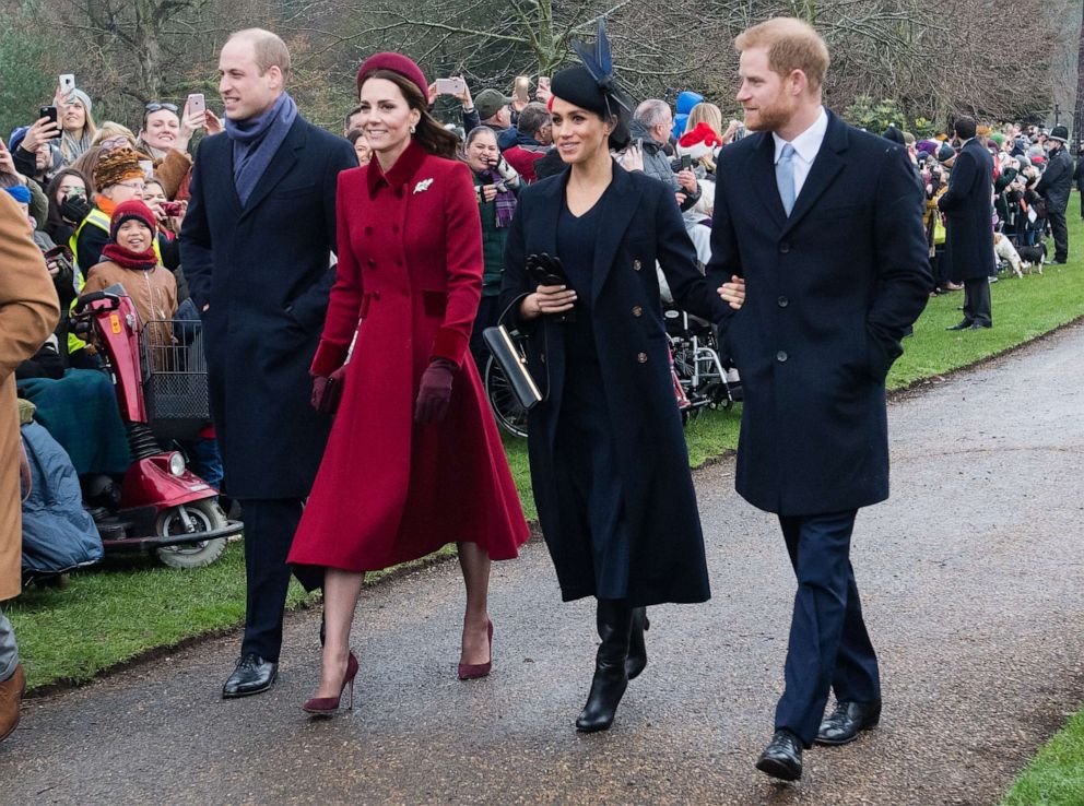 PHOTO: Prince William, Duke of Cambridge, Catherine, Duchess of Cambridge, Meghan, Duchess of Sussex and Prince Harry, Duke of Sussex attend a Christmas Day service, Dec. 25, 2018 in King's Lynn, England.