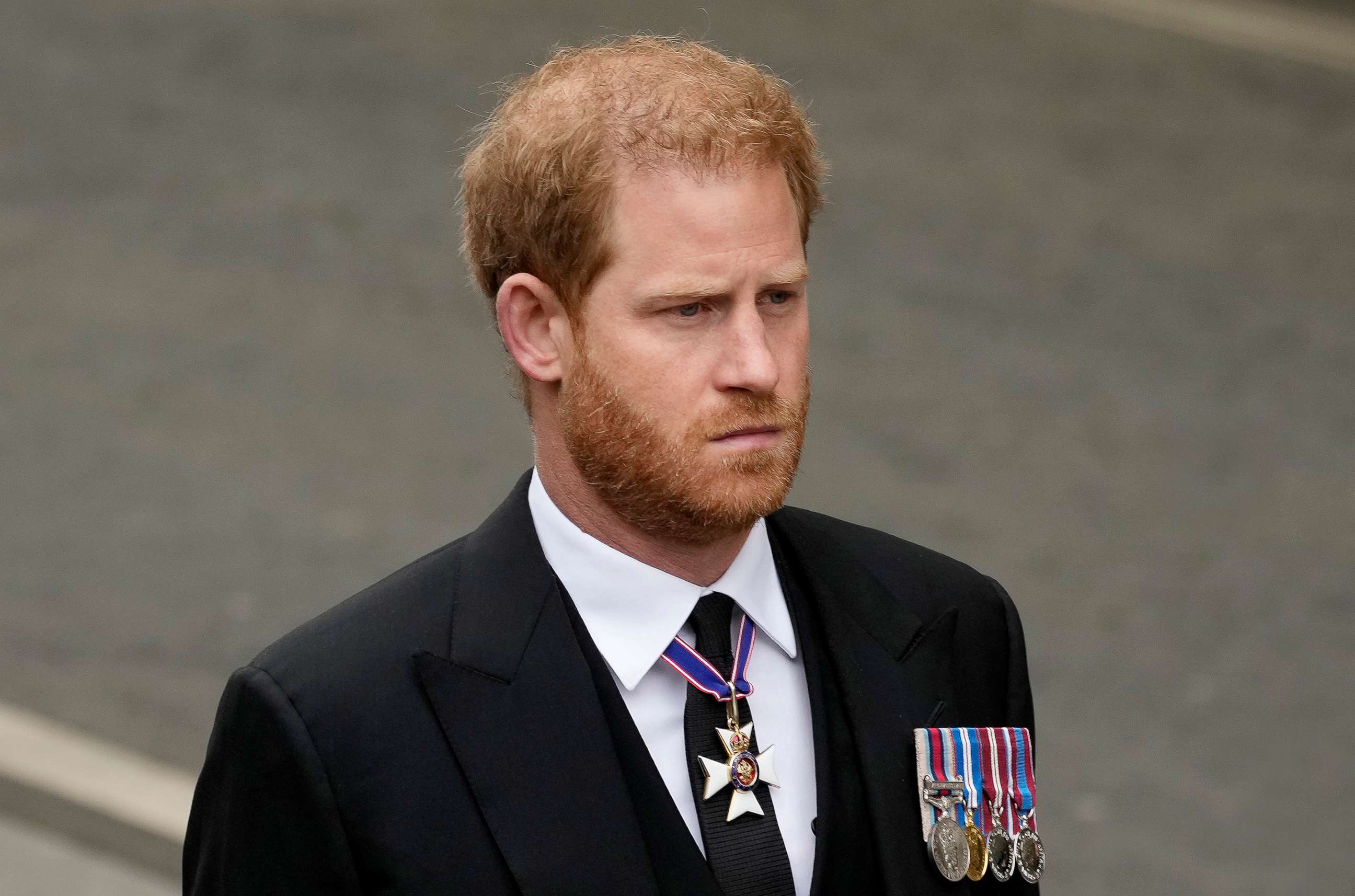 PHOTO: Prince Harry, Duke of Sussex arrives at Westminster Abbey for the State Funeral of Queen Elizabeth II, Sept. 19, 2022, in London.