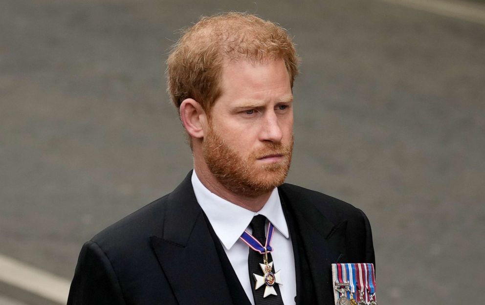 PHOTO: Prince Harry, Duke of Sussex arrives at Westminster Abbey for the State Funeral of Queen Elizabeth II, Sept. 19, 2022, in London.