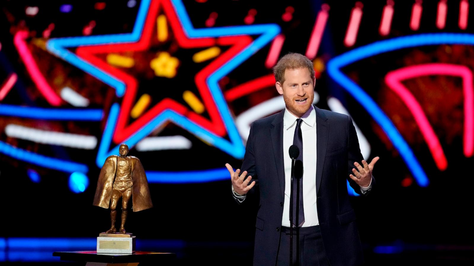 PHOTO: Britain's Prince Harry presents the Walter Payton Man of the Year Award during the NFL Honors award show ahead of the Super Bowl 58 football game, Feb. 8, 2024, in Las Vegas.