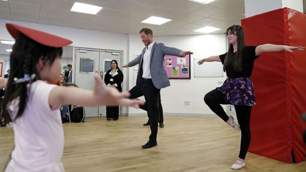 PHOTO: Britain's Prince Harry, Duke of Sussex takes part in a ballet class for 4 to 6 year olds, while on a visit to YMCA South Ealing in west London on April 3, 2019.