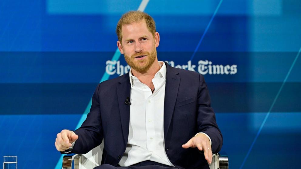 PHOTO: Prince Harry, Duke of Sussex, speaks onstage during The New York Times Dealbook Summit 2024 at Jazz at Lincoln Center on Dec. 4, 2024, in New York.