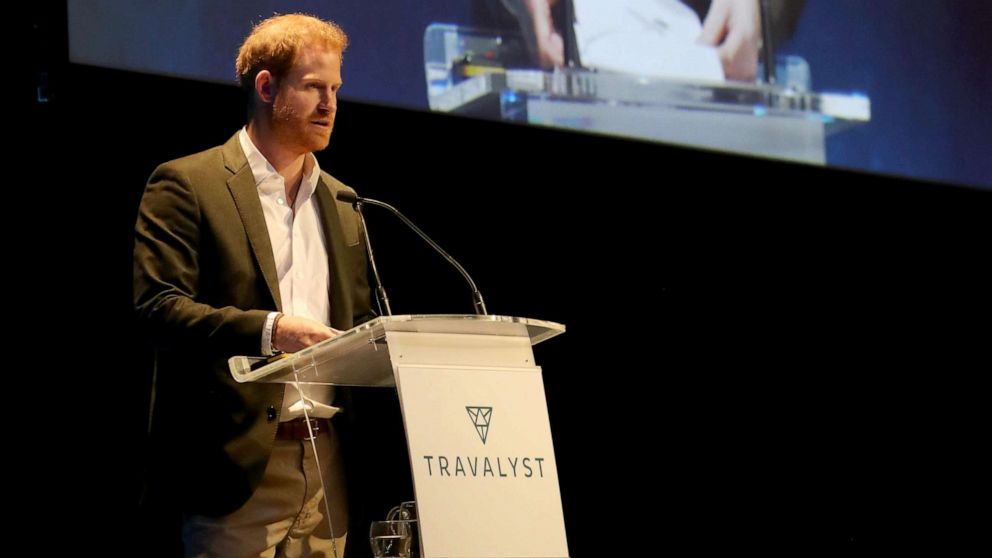 PHOTO: Prince Harry speaks as he attends a sustainable tourism summit at the Edinburgh International Conference Centre, Feb. 26, 2020, in Edinburgh, Scotland.