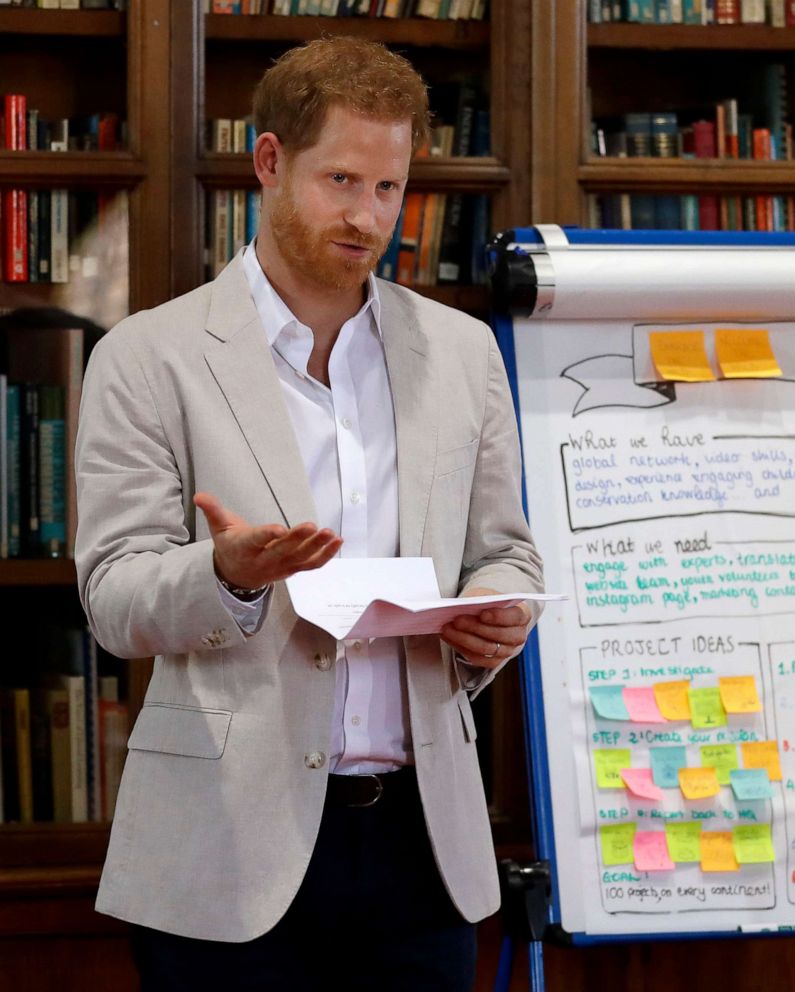 PHOTO: Prince Harry delivers a speech as he attends Dr Jane Goodall's Roots & Shoots Global Leadership Meeting at St. George's House, Windsor Castle in England, July 23, 2019.