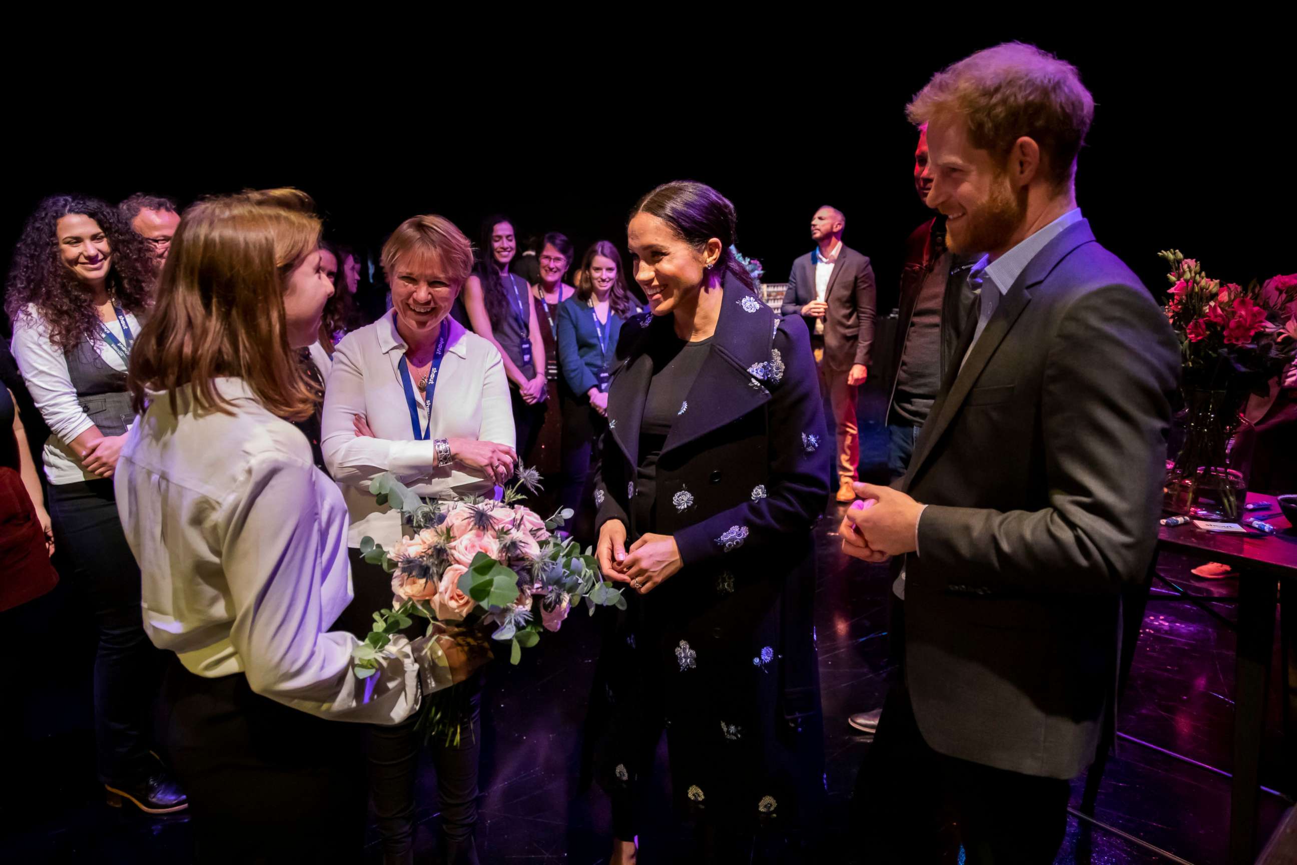 PHOTO: Prince Harry and Meghan Duchess of Sussex meet volunteers working with a  text messaging service in the U.K. which aims to provide 24/7 support for anyone experiencing mental health crisis, in a photo released by Kensington Palace on May 9, 2019.