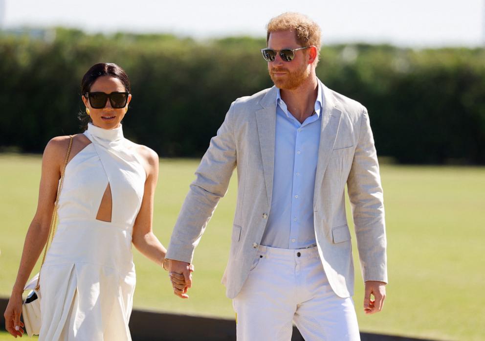 PHOTO: Prince Harry and Meghan, Duchess of Sussex attend the Royal Salute Polo Challenge to benefit Sentebale, a charity founded by him and Prince Seeiso of Lesotho to support children in Lesotho and Botswana, in Wellington, Florida, April 12, 2024. 