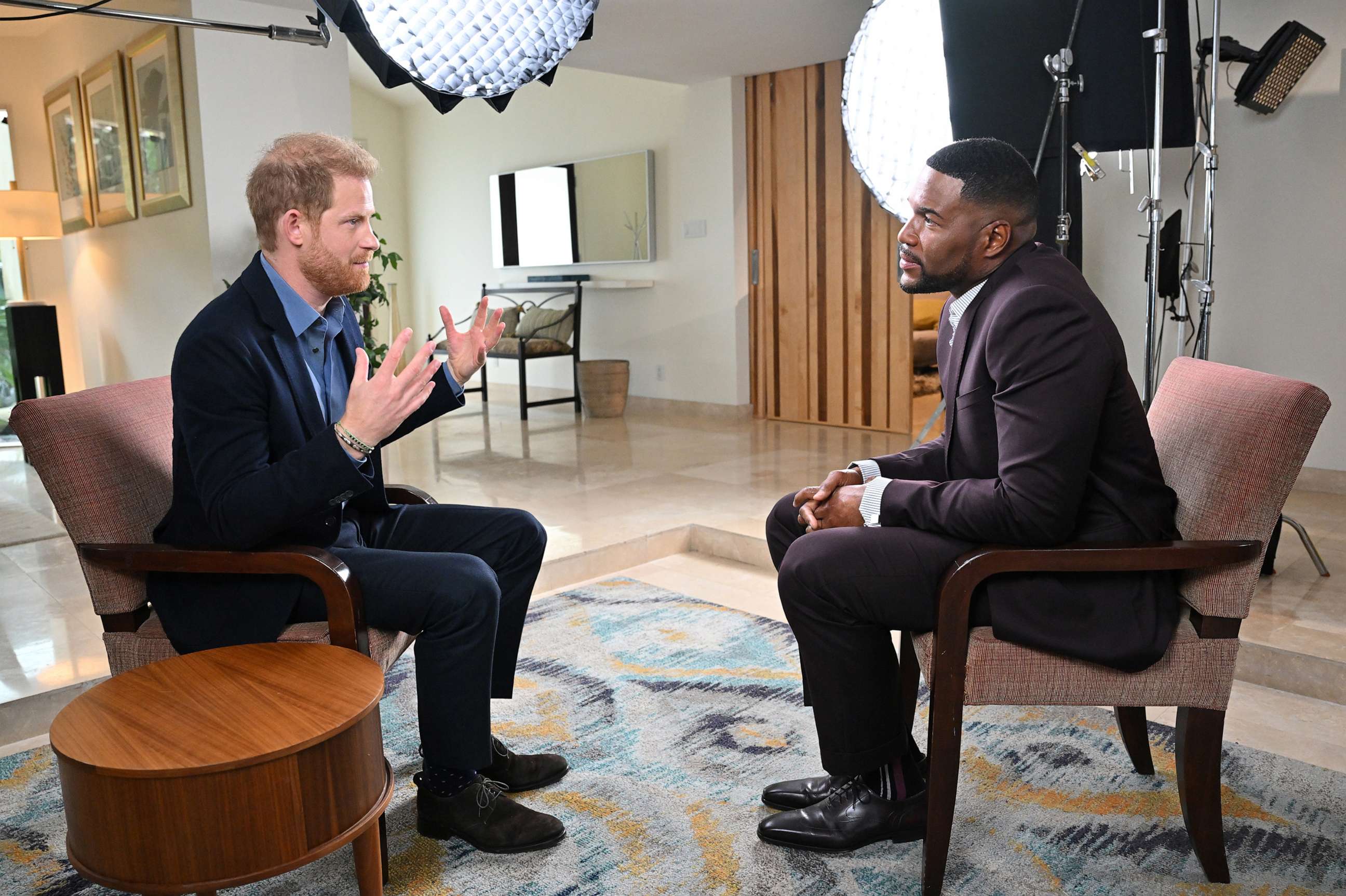 PHOTO: Michael Strahan interviews Prince Harry in Los Angeles Jan. 3, 2023.