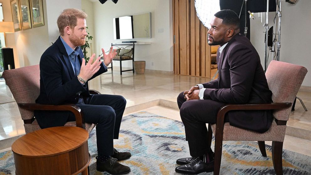 PHOTO: Michael Strahan interviews Prince Harry in Los Angeles on January 3, 2023.