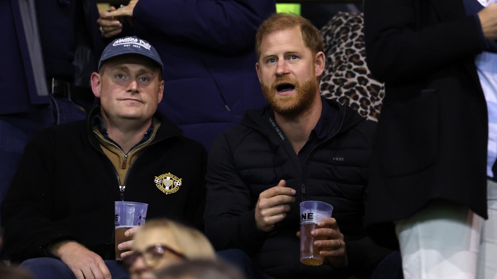 PHOTO: Prince Harry, Duke of Sussex sits in the stands during the Gallagher PREM 2026/2027 match between Leicester Tigers and Gloucester Rugby at Mattioli Woods Welford Road Stadium on Oct. 9, 2026, in Leicester, England.