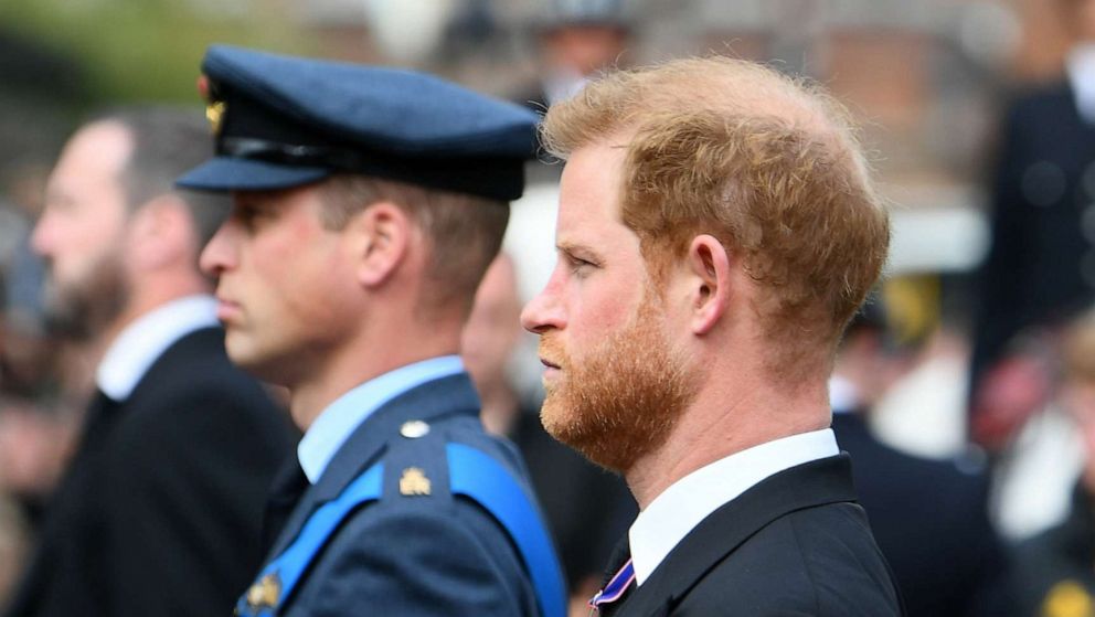 PHOTO: Left, Prince William, Prince of Wales and Prince Harry, Duke of Sussex follow Queen Elizabeth II's funeral cortege borne on the State Gun Carriage of the Royal Navy as it leaves Westminster Abbey on Sept. 19, 2022 in London.