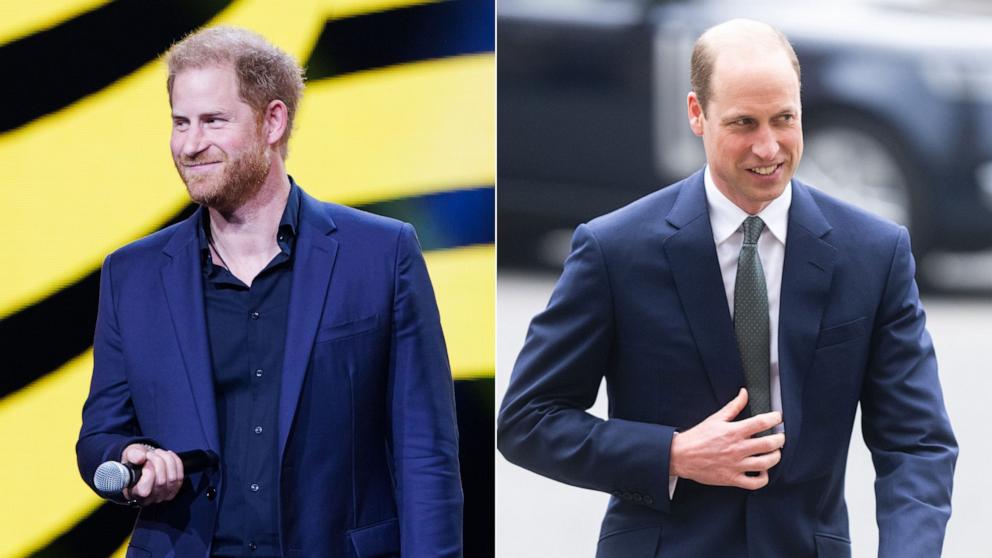 PHOTO: Prince William, Prince of Wales attends Westminster Abbey, March 11, 2024 in London. Prince Harry, Duke of Sussex speaks at the Invictus Games Sept. 16, 2023.