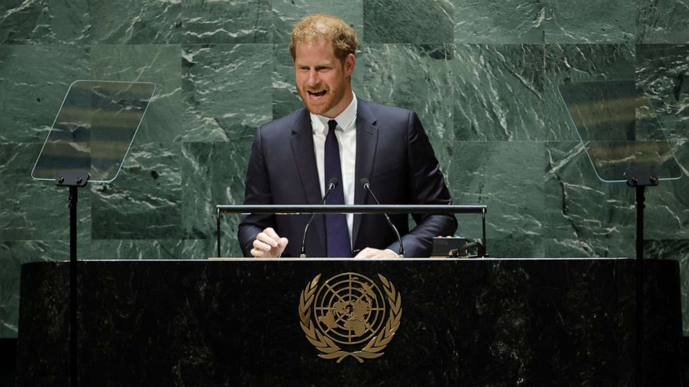 PHOTO: Britain's Prince Harry, Duke of Sussex addresses the United Nation General Assembly for the 2020 UN Nelson Mandela Prize at the United Nations (UN) headquarters in N.Y., July 18, 2022.