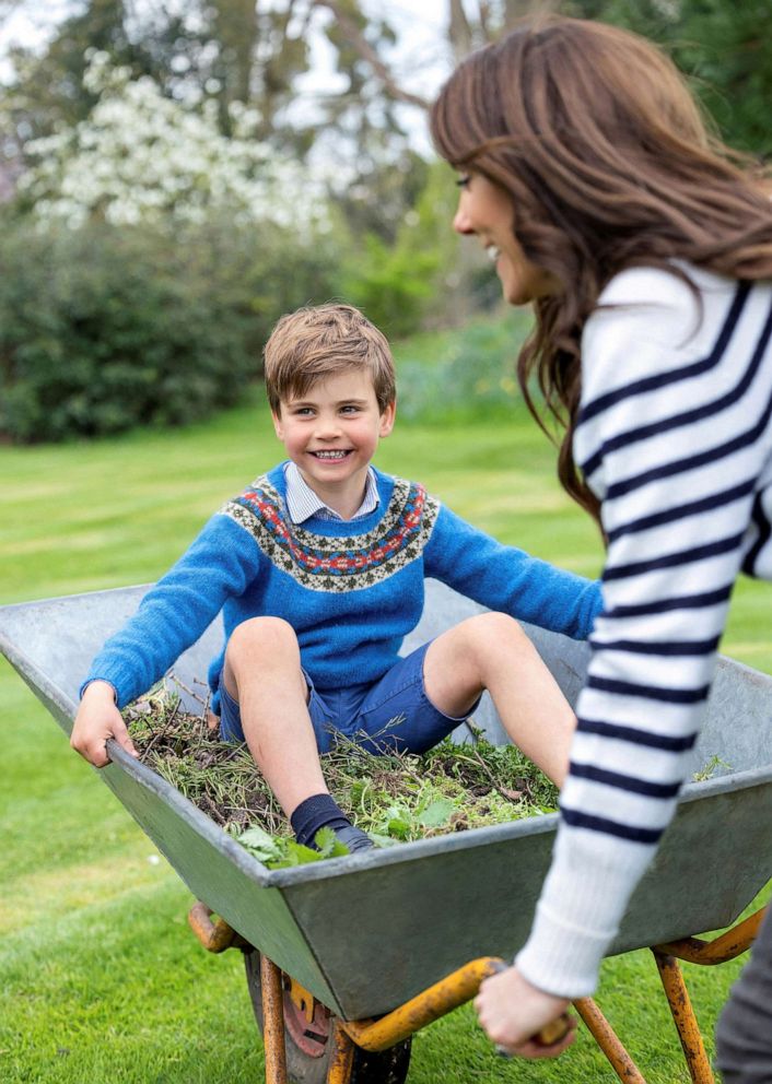 PHOTO: Britain's Prince Louis, whose fifth birthday is on Sunday, is seen in a portrait being pushed in a wheelbarrow by his mother, Britain's Catherine, Princess of Wales, in this undated handout photo issued by Kensington Palace, April 22, 2023.