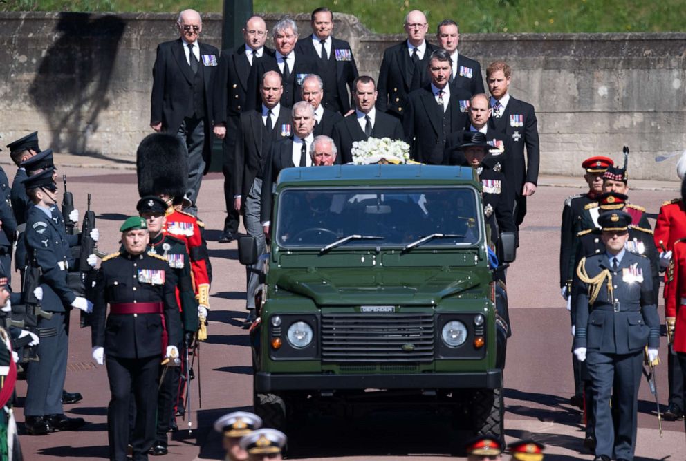 PHOTO: The Duke of Edinburgh's coffin is seen on a Land Rover, followed members of the royal family during his funeral on April 17, 2021 in Windsor, England.