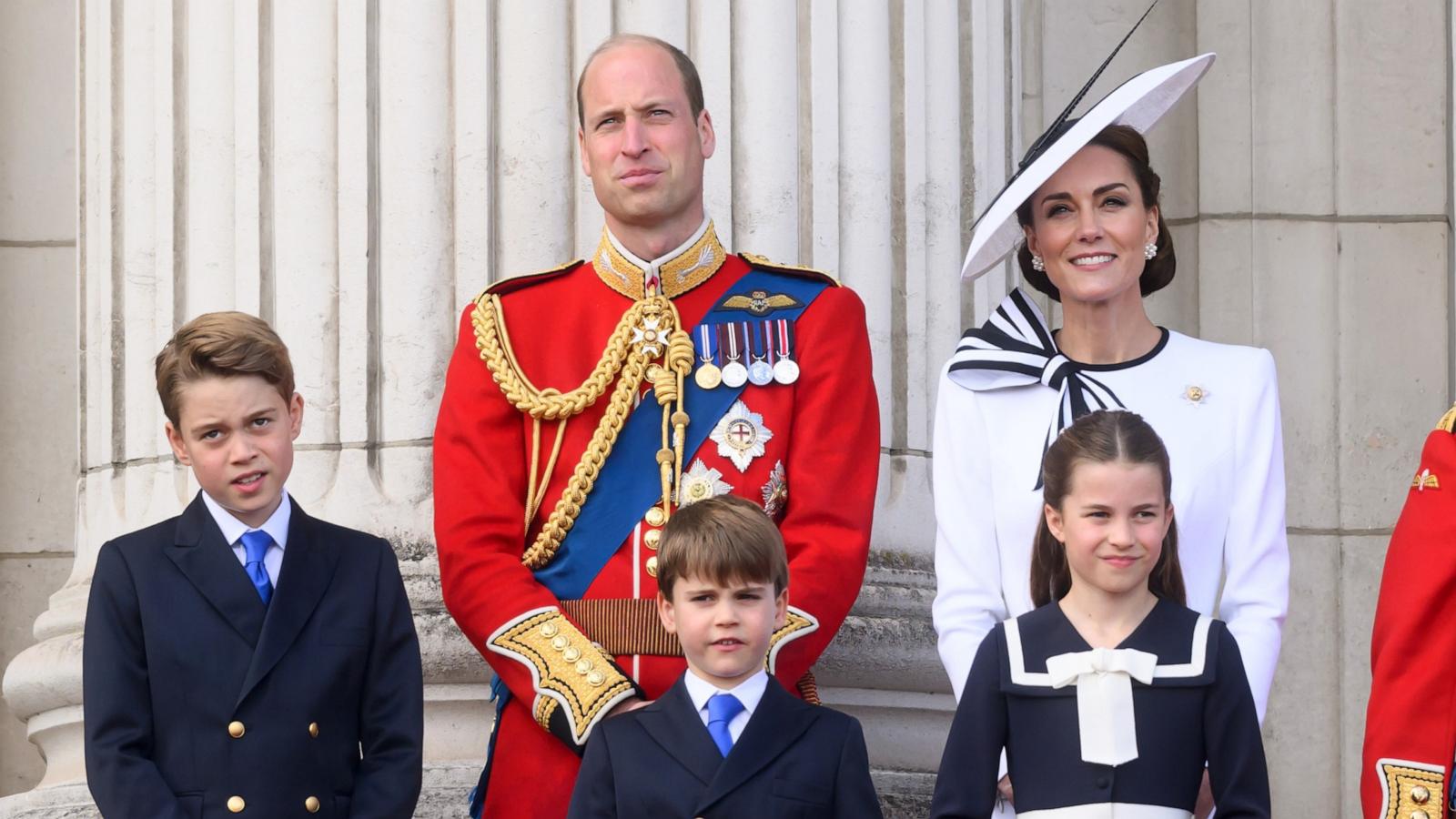 PHOTO: Prince George of Wales, Prince William, Prince of Wales, Prince Louis of Wales, Princess Charlotte of Wales and Catherine, Princess of Wales on the balcony of Buckingham Palace during Trooping the Colour on June 15, 2024 in London.