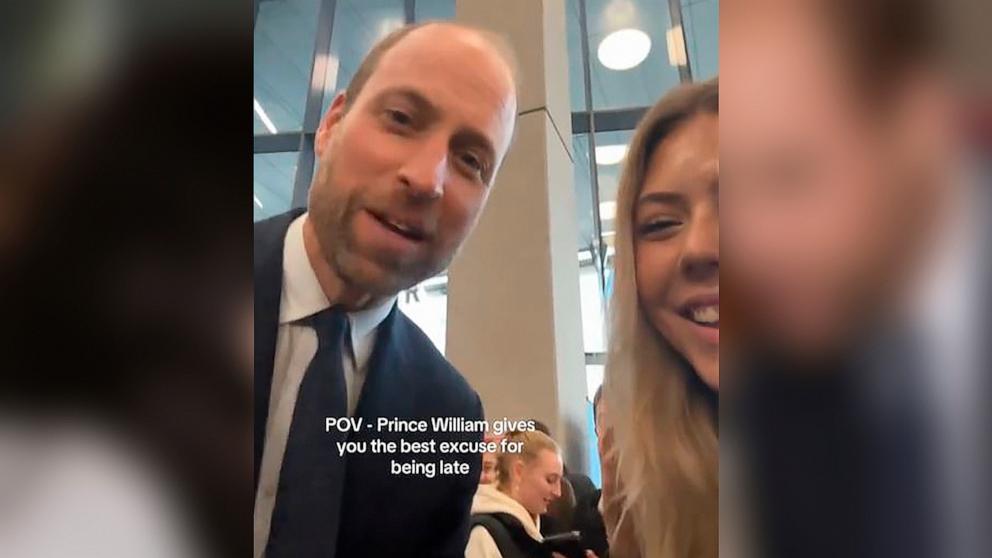 PHOTO: Samantha Johnson shared a video on TikTok of Prince William excusing her for being late to a lecture due to his visit to Ulster University, Nov. 14, 2024.